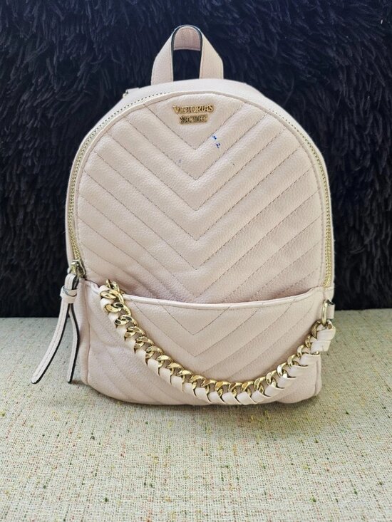 Victoria's Secret Handbags - Victoria Secret Women Bag Pink Faux Vegan Leather Backpack V Quilt Purse